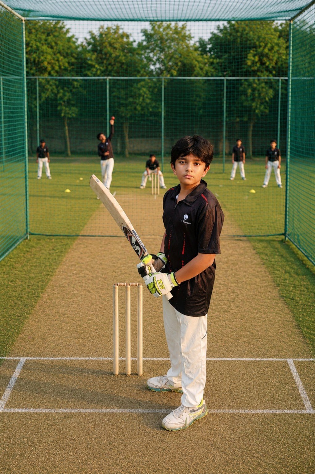Young cricketer practicing batting